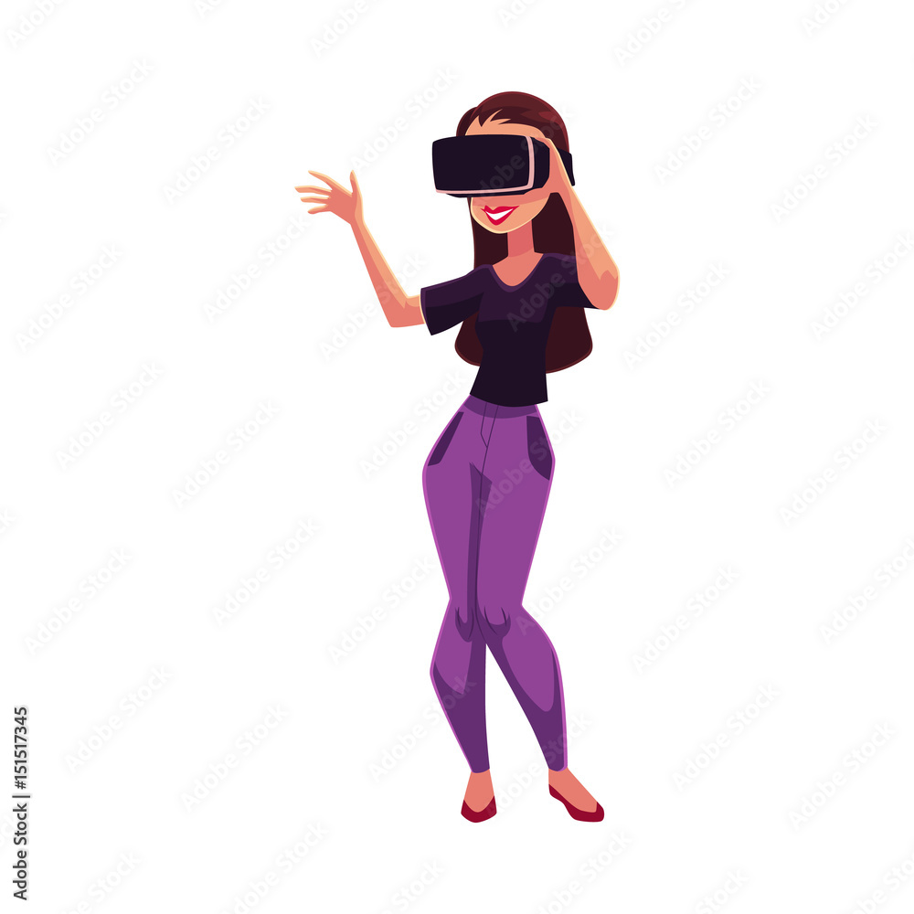 Young woman, girl wearing virtual reality headset, simulator, cartoon vector illustration isolated on white background. Happy young woman, girl wearing virtual reality simulator, headset, device Young woman, girl wearing virtual reality headset, simulator, cartoon vector illustration isolated on white background. Happy young woman, girl wearing virtual reality simulator, headset, device