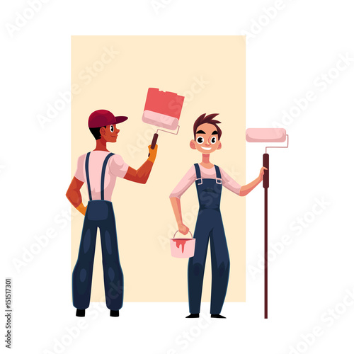 Two painters, black painting wall with big brush, Caucasian holding roller and bucket, cartoon vector illustration isolated on white background. Two painters, black and white, working together