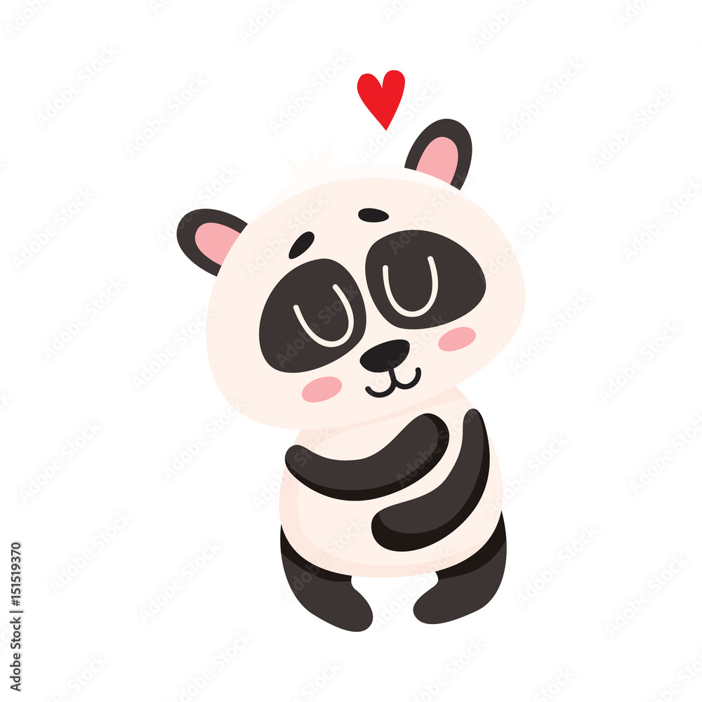 Cute and funny smiling baby panda character hugging itself, showing love,  cartoon vector illustration isolated on white background. Cute little panda  bear character, mascot, symbol of love Stock Vector | Adobe Stock