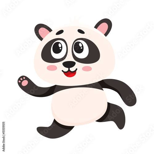 Cute and funny smiling baby panda character running  hurrying somewhere  cartoon vector illustration isolated on white background. Cute little panda bear character  mascot running fast