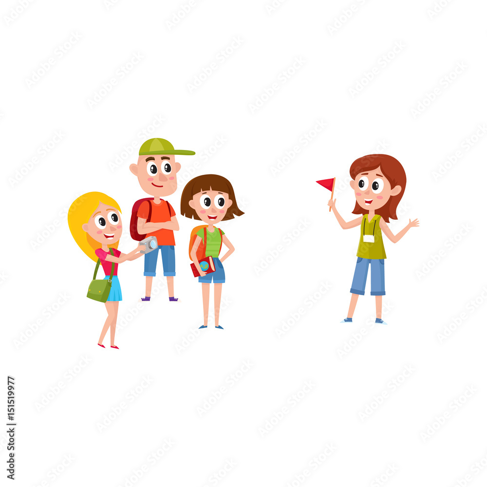 Tour guide with group of tourists, cartoon vector illustration isolated on  white background. Group of tourists listening to young, pretty girl guide  telling something interesting, sightseeing Stock Vector | Adobe Stock