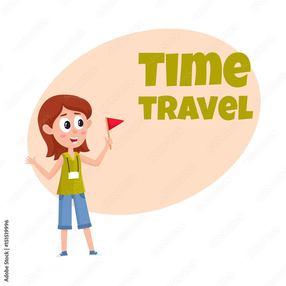 Travel time poster, banner, postcard design with pretty girl tour guide, cartoon vector illustration on white background. Travel agency, tour ad design template with cartoon, comic female guide Travel time poster, banner, postcard design with pretty girl tour guide, cartoon vector illustration on white background. Travel agency, tour ad design template with cartoon, comic female guide