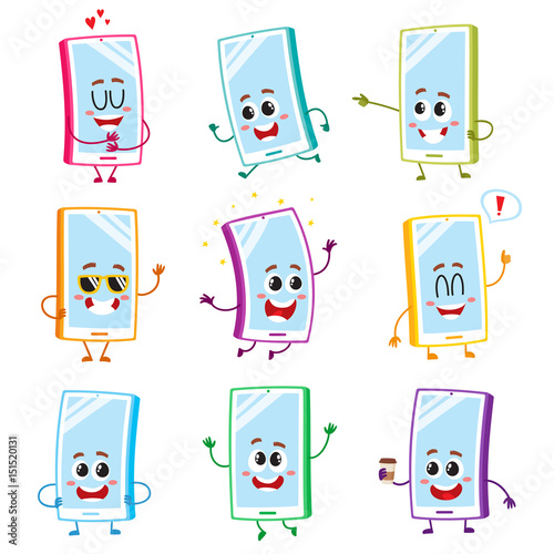 Set of funny cartoon mobile phone, smartphone characters with human faces showing various emotions, vector illustration isolated on white background. Set of cartoon mobile phone, smartphone characters