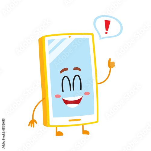 Funny cartoon mobile phone, smartphone character with wide smile showing thumb up, vector illustration isolated on white background. Happy cartoon mobile phone, smartphone character giving thumb up