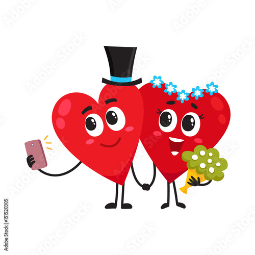 Two hearts dressed as bride and groom, holding hands, making selfie, couple in love, wedding concept, cartoon vector illustration on white background. Cute, funny couple of hearts having wedding