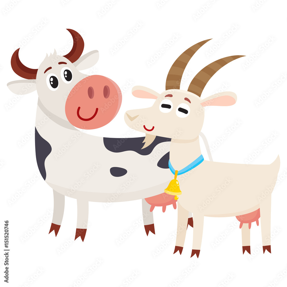 Farm black spotted cow looking at white smiling goat, cartoon vector  illustration isolated on white background. Cute and funny farm goat and cow  with friendly faces and big eyes Stock Vector |
