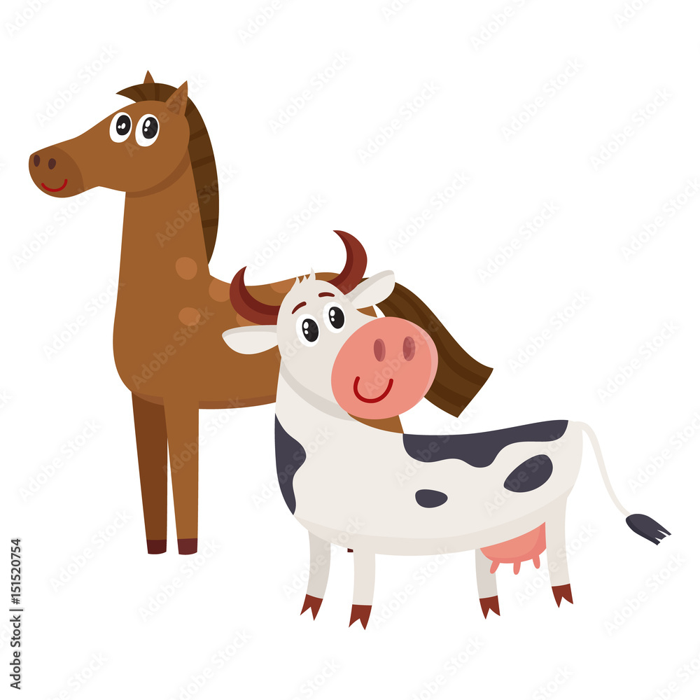 Brown horse, black and white cow with big eyes, side view cartoon vector  illustration isolated on white background. Cute and funny farm horse and cow  with friendly face and big eyes Stock
