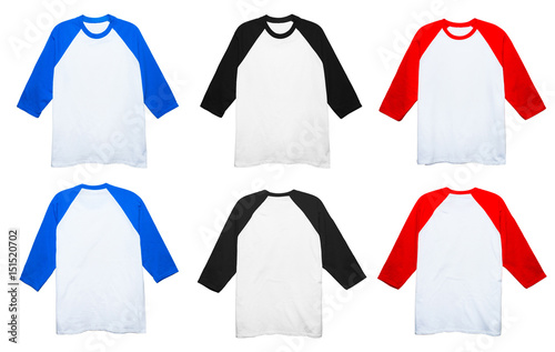 Fotografía blank Cotton 3/4 Sleeve Raglan t shirt front and back view set on white backgrou