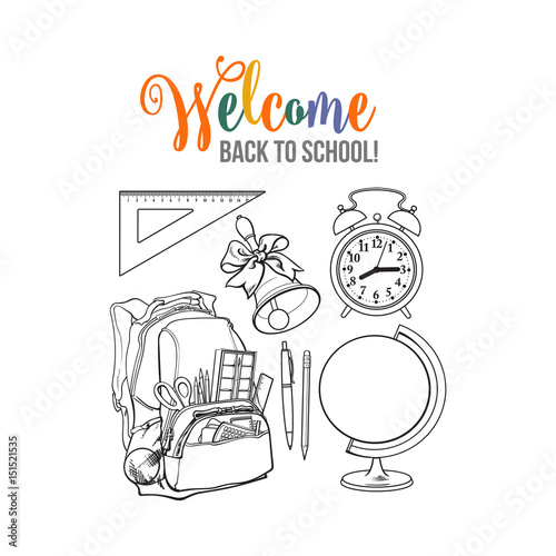 Backpack packed with school items, supplies, stationary, alarm clock, globe and bell, black and white sketch vector illustration isolated on white background. Set of school items