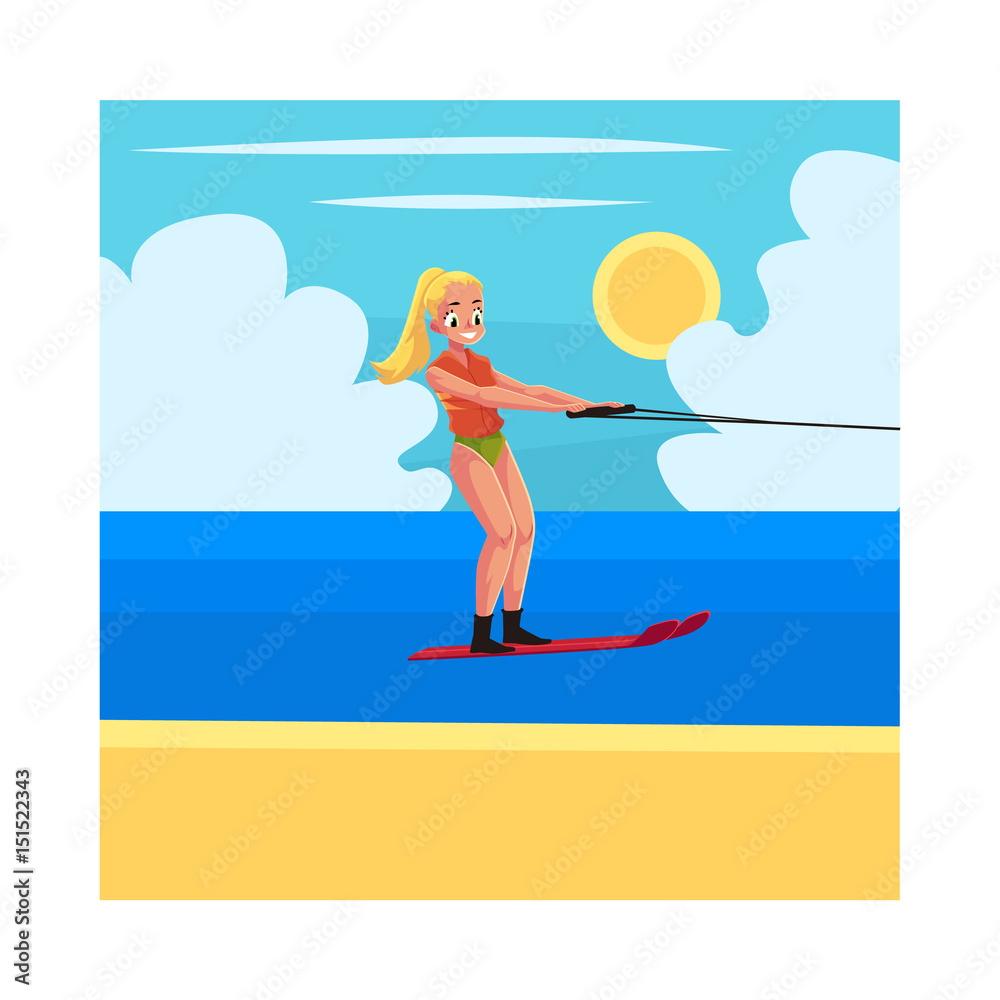 Pretty woman, girl water skiing, enjoying summer water activities, cartoon vector illustration. Full length portrait of young woman in life jacket riding water ski in sea, ocean, under blue sky Pretty woman, girl water skiing, enjoying summer water activities, cartoon vector illustration. Full length portrait of young woman in life jacket riding water ski in sea, ocean, under blue sky