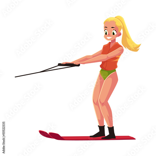 Pretty woman, girl water skiing, enjoying summer water activities, cartoon vector illustration isolated on white background. Full length portrait of young woman in life jacket riding water ski