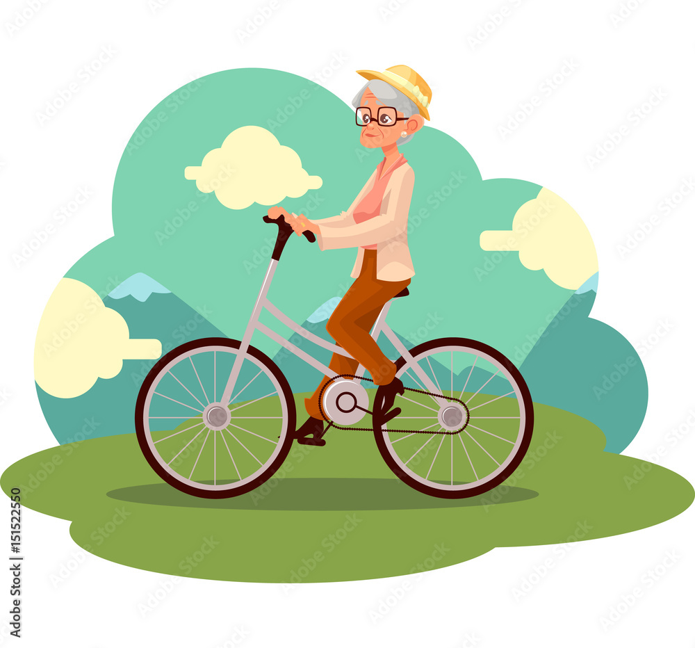 Stylish elder woman, old lady riding a bicycle, cycling, cartoon vector illustration. Full length, side view portrait of retired woman, old lady riding a bicycle, cycling in countryside,