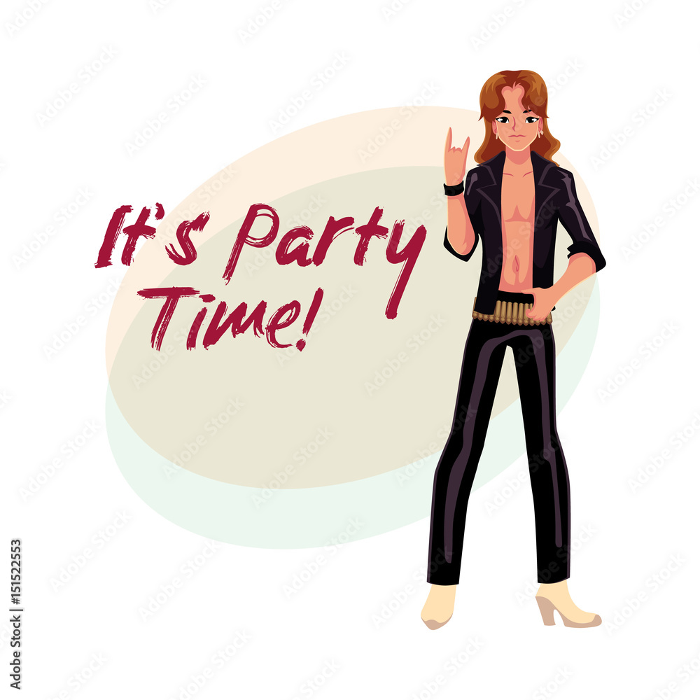 Glam rock party invitation, banner poster template with man dressed in leather clothing, cartoon vector illustration. Glam rock party invitation banner, poster layout with rock star man