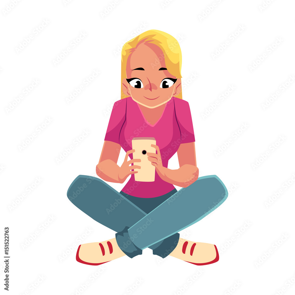 Young woman playing with smartphone, using mobile phone, sitting legs  crossed, cartoon vector illustration isolated on white background. Woman,  girl in jeans and t-shirt sitting with mobile phone Stock Vector | Adobe