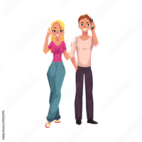 Young man and woman holding smartphone, talking by mobile phone, cartoon vector illustration isolated on white background. Full length portrait of man and woman, boy and girl talking by mobile phone
