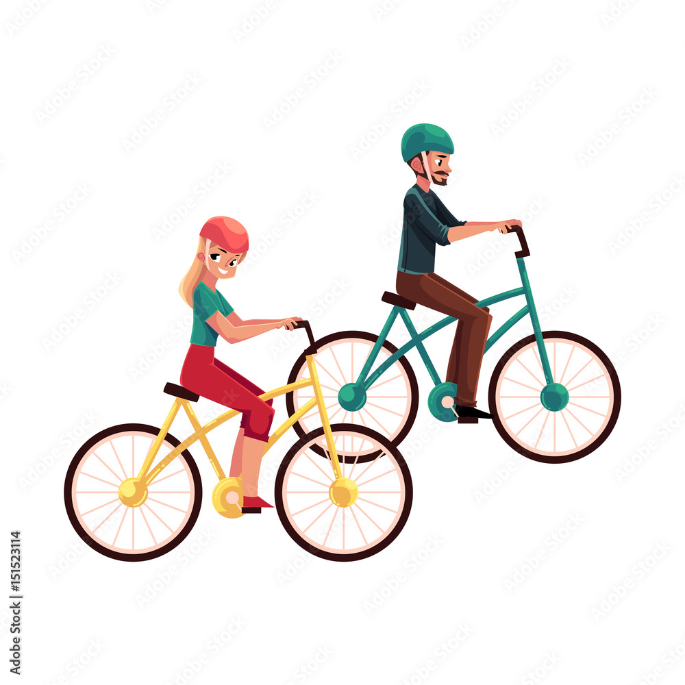 Fototapeta premium Young couple, man and woman, riding bicycles, cycling in helmets together, cartoon vector illustration isolated on white background. Full length, side view portrait of young couple riding bicycles
