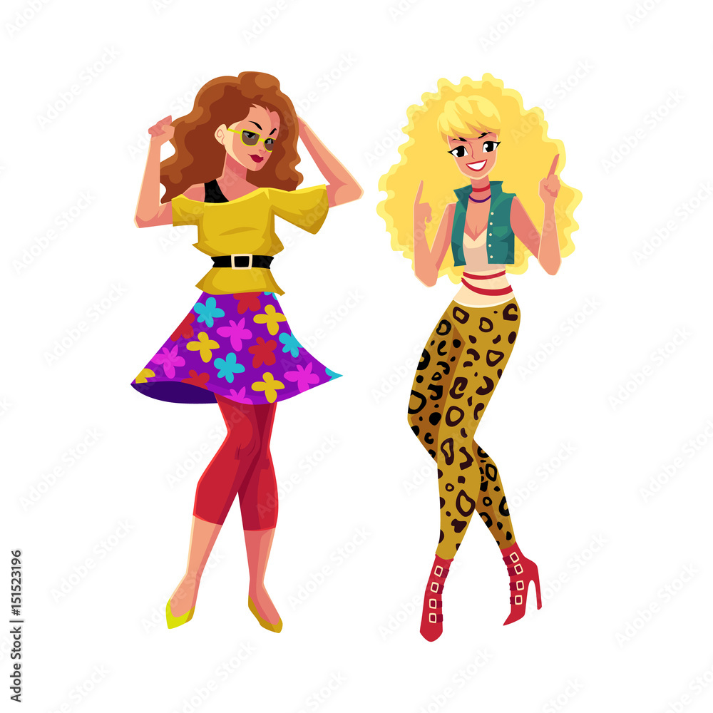 Two girls, women, friends in 1980s, eighties style clothes dancing