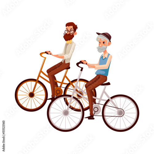 Old and young man, father and son, grandfather and grandson, riding bicycle, cycling together, cartoon vector illustration isolated on white background. Old and young men, tourists riding bicycles