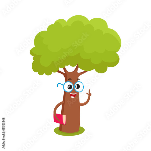 Funny smart comic tree character in round glasses holding a book, cartoon vector illustration isolated on white background. Funny tree character, mascot with smiling human face in round glasses