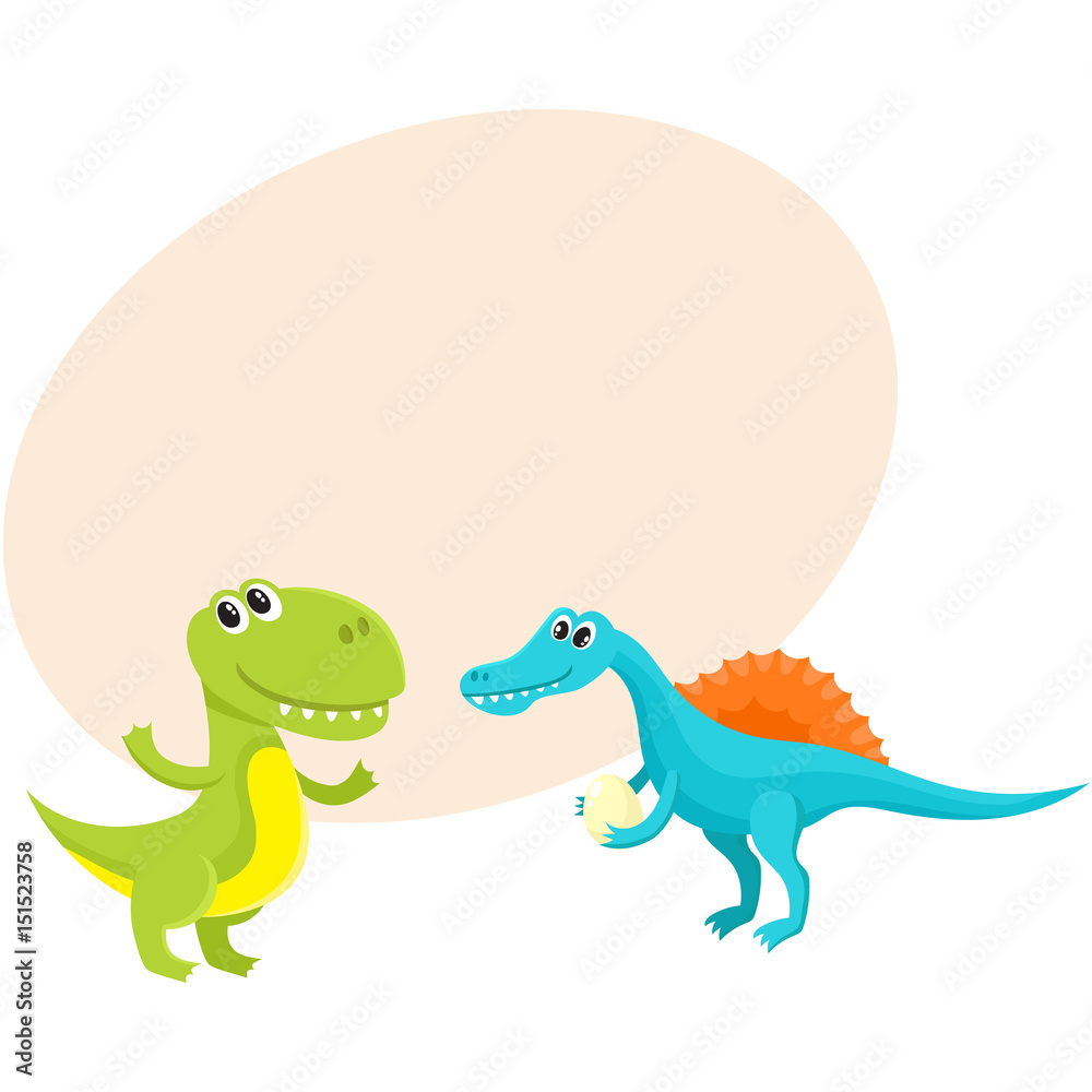Two cute and funny baby dinosaur characters - spinosaurus and tyrannosaurus, cartoon vector illustration with space for text. Happy smiling spinosaurus and T-rex dinosaur characters Two cute and funny baby dinosaur characters - spinosaurus and tyrannosaurus, cartoon vector illustration with space for text. Happy smiling spinosaurus and T-rex dinosaur characters