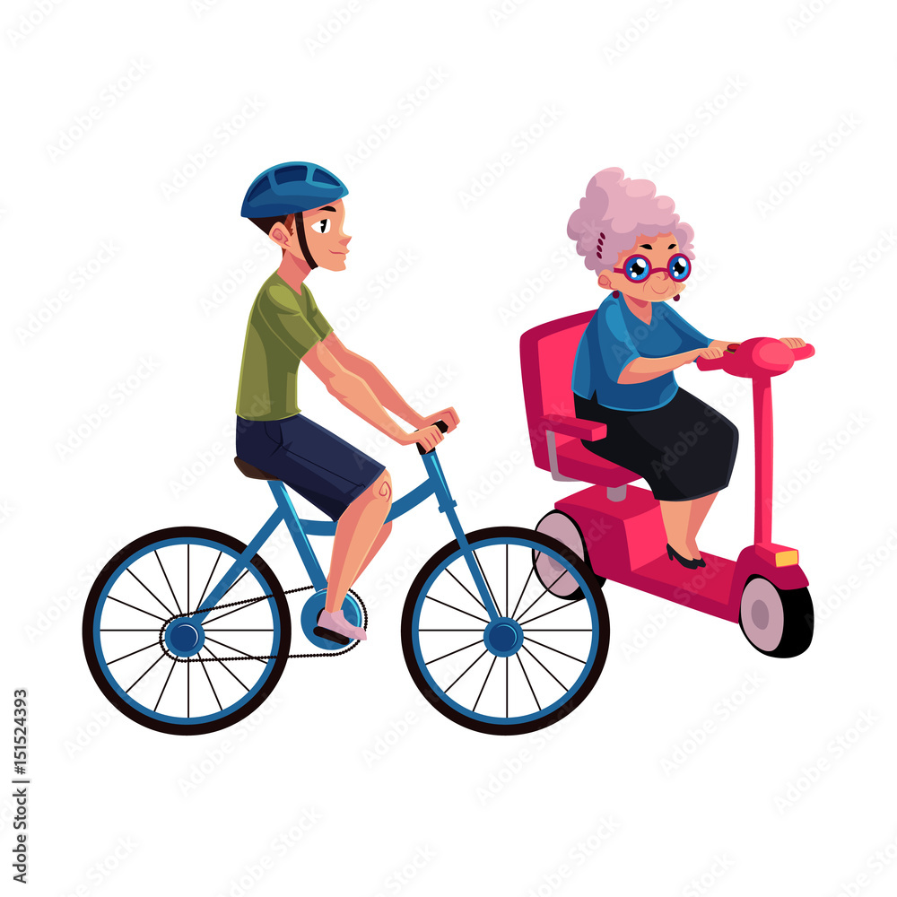 Young man riding bicycle and old woman driving modern scooter, personal urban transport concept, cartoon vector illustration isolated on white background. Bicycle, cycle and scooter riders, drivers Young man riding bicycle and old woman driving modern scooter, personal urban transport concept, cartoon vector illustration isolated on white background. Bicycle, cycle and scooter riders, drivers