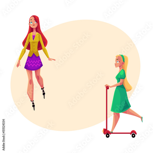 Two pretty girls, women, one roller skating, another riding kick scooter, personal urban transport, cartoon vector illustration with space for text. Girls riding push scooter, roller skating