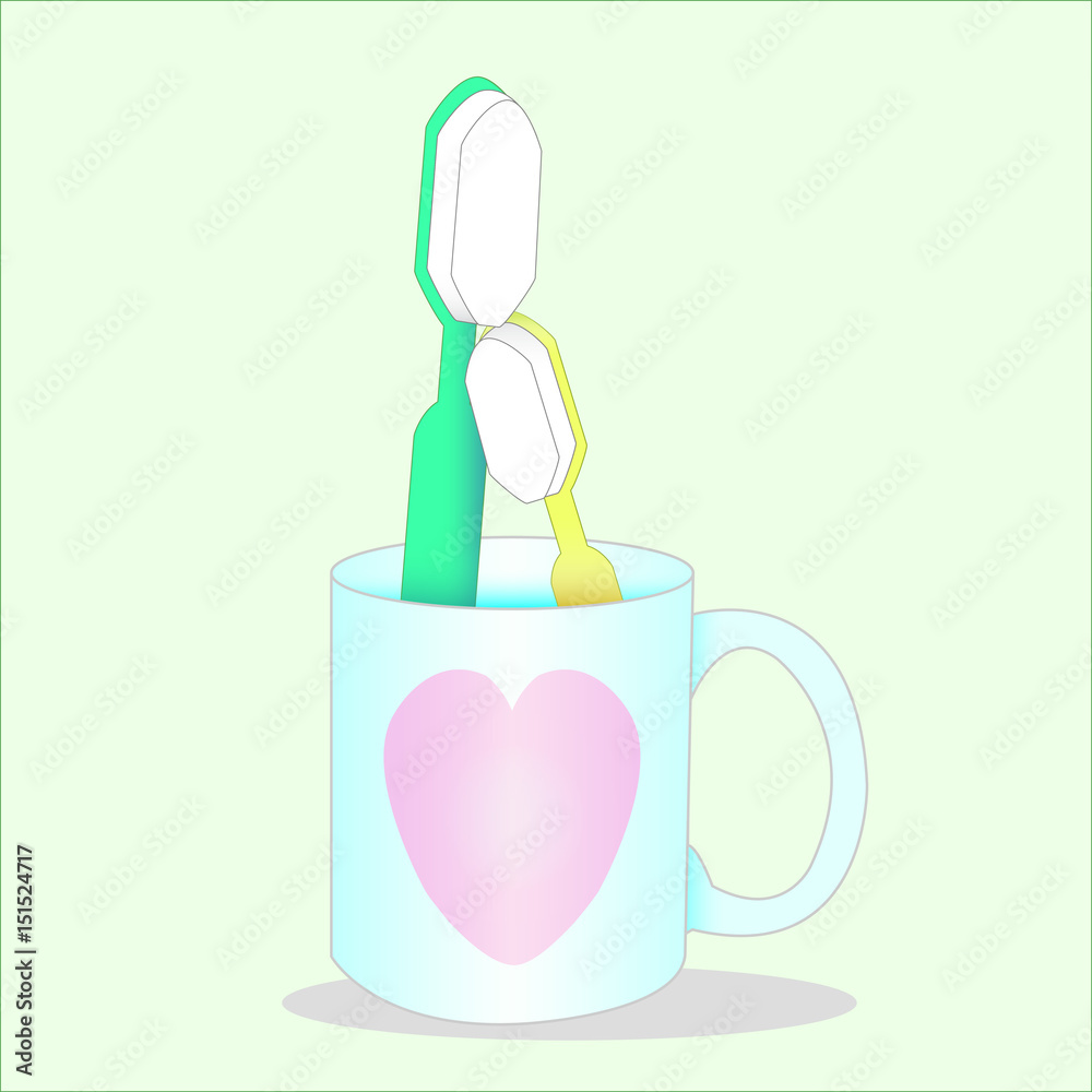 green toothbrush and yellow toothbrush in lovely heart blue glass. Vector . Illustration.