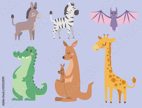 Cute zoo cartoon animals isolated funny wildlife learn cute language and tropical nature safari mammal jungle tall characters vector illustration.