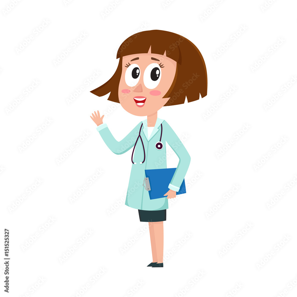 Comic woman doctor character with bob haircut holding clipboard, waving hand, cartoon vector illustration isolated on white background. Full length portrait of funny woman doctor holding clipboard Comic woman doctor character with bob haircut holding clipboard, waving hand, cartoon vector illustration isolated on white background. Full length portrait of funny woman doctor holding clipboard