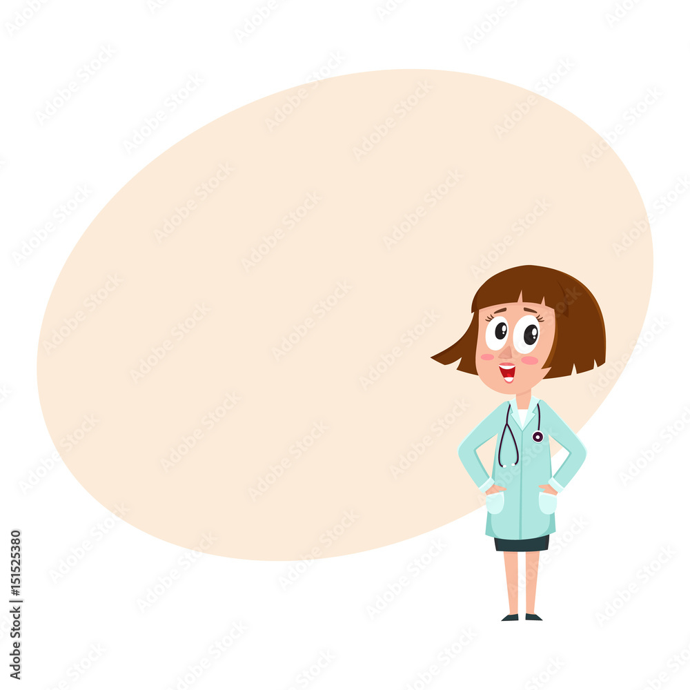 Comic woman doctor character with bob haircut standing hands in pockets, cartoon vector illustration with space for text. Full length portrait of funny woman doctor looking surprised Comic woman doctor character with bob haircut standing hands in pockets, cartoon vector illustration with space for text. Full length portrait of funny woman doctor looking surprised