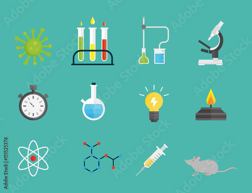 Lab symbols test medical laboratory scientific biology design molecule microscope concept and biotechnology science chemistry icons vector illustration.