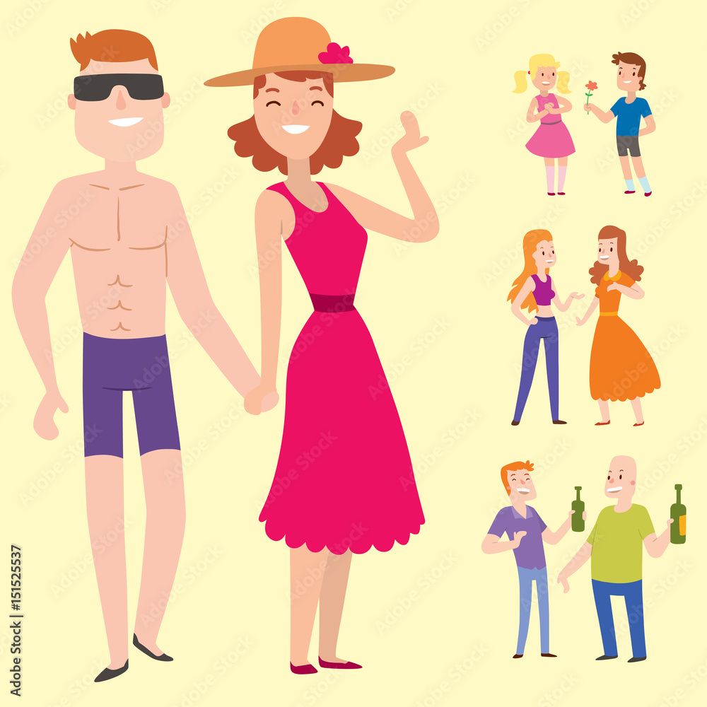 People happy couple cartoon relationship characters lifestyle vector illustration relaxed friends. People happy couple cartoon relationship characters lifestyle vector illustration relaxed friends.