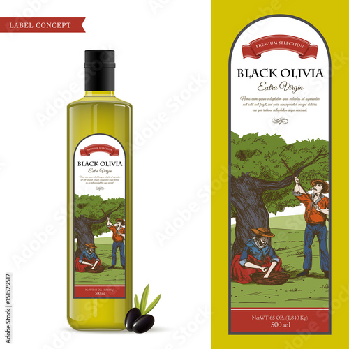 Olive oil label concept with farmland landscape: farmer and woman with a basket harvested olives under the tree. Bottle of oil with black olives. Ready template easy editable. Vector illustration.
