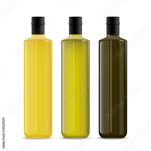 Set of oil or wine glass bottles isolated on white background. The collection of three narrow and high bottles. Yellow, green and black realistic mockups. Vector template for product design.