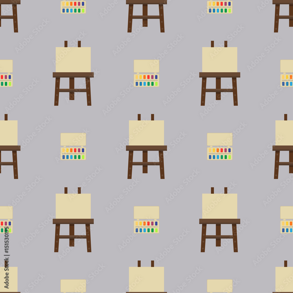Fototapeta premium Painting art tools palette seamless pattern flat vector illustration stationery creative paint background.