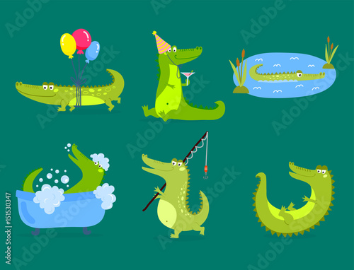 Cartoon green crocodile funny predator australian wildlife river reptile alligator flat vector illustration.