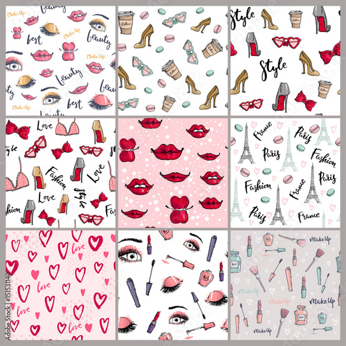 Stylish vintage motive fashion seamless pattern pink cosmetics accessories ve...