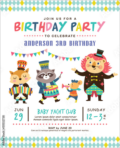 Kids birthday invitation card with circus theme