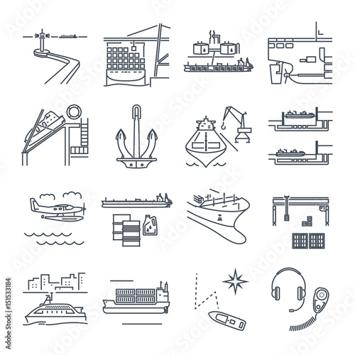 set of thin line icons water transport and sea port, merchant shipping, tanker, freighter