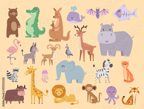 Photography Cute zoo cartoon animals isolated funny wildlife learn cute language and tropical nature safari mammal jungle tall characters vector illustration