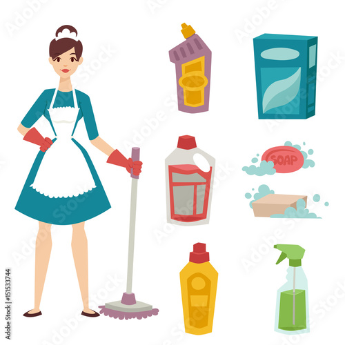 Housewife girl homemaker cleaning pretty girl wash cleanser chemical housework product equipment vector.