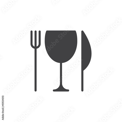 Restaurant, Knife, fork and glass icon vector, filled flat sign, solid pictogram isolated on white. Menu symbol, logo illustration. Pixel perfect