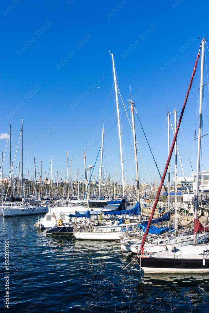 Street view of Barcelona harbor with boats, Spain Europe Street view of Barcelona harbor with boats, Spain Europe