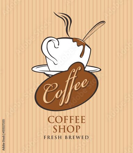 template vector banner for coffee shop with cup of coffee and calligraphy inscription on striped background in retro style