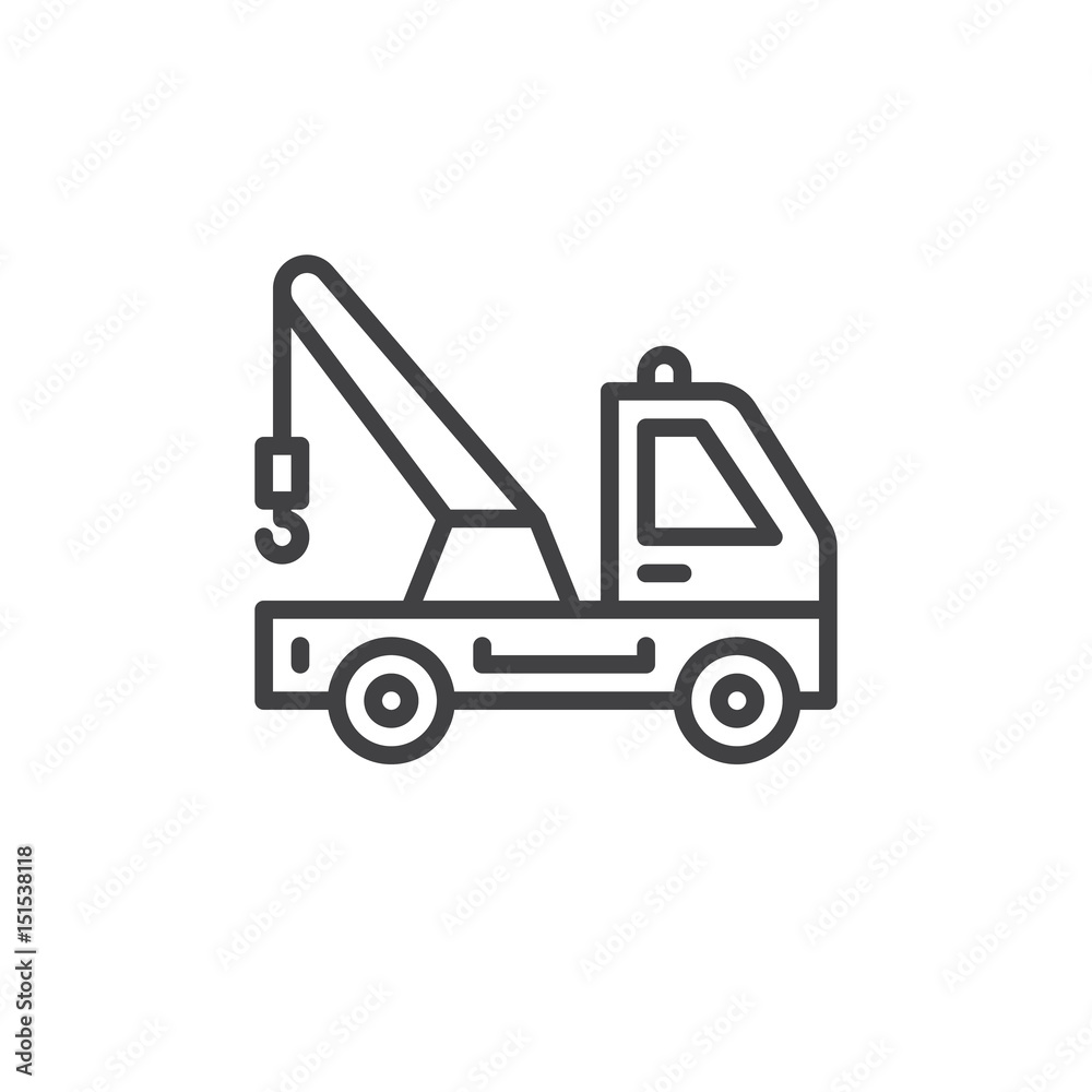 Tow truck line icon, outline vector sign, linear style pictogram isolated on white. Symbol, logo illustration. Editable stroke. Pixel perfect Tow truck line icon, outline vector sign, linear style pictogram isolated on white. Symbol, logo illustration. Editable stroke. Pixel perfect