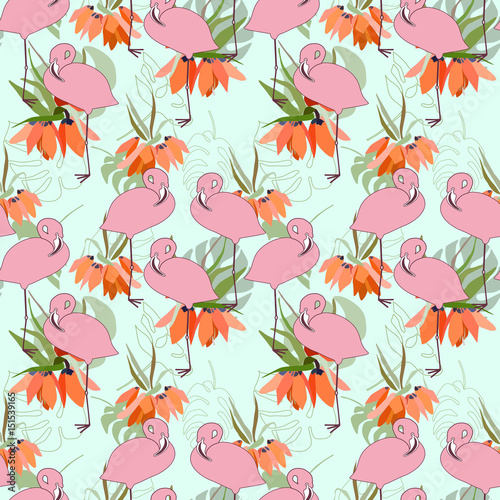 Floral vector seamless pattern with lilies - Kaiser's crown flowers , tropical palm leaves and flamingo birds