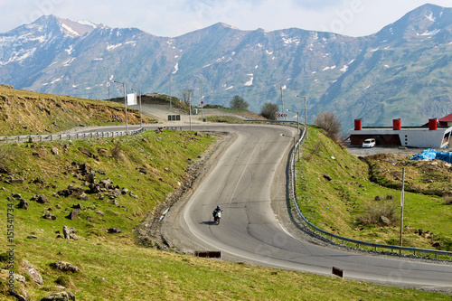 View of Georgian Military Road in Gudauri. The majestic and beautiful mountains of the Caucasus in spring time