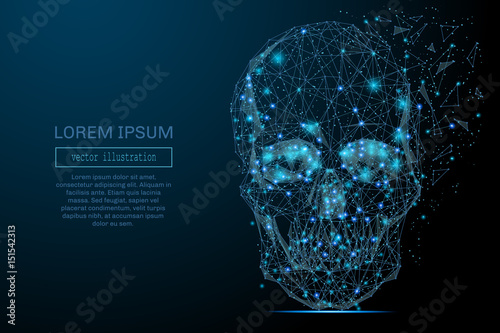 Abstract image of a space skull in the form of a starry sky or space, consisting of points, lines, and shapes in the form of planets, stars and the universe. Skull vector wireframe concept.