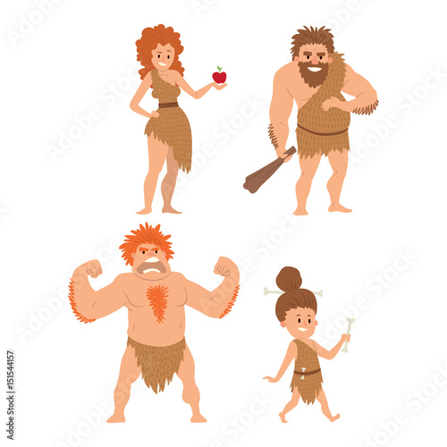 Caveman primitive stone age cartoon neanderthal people character evolution vector illustration.