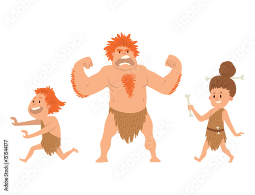 Caveman primitive stone age cartoon neanderthal people character evolution vector illustration.